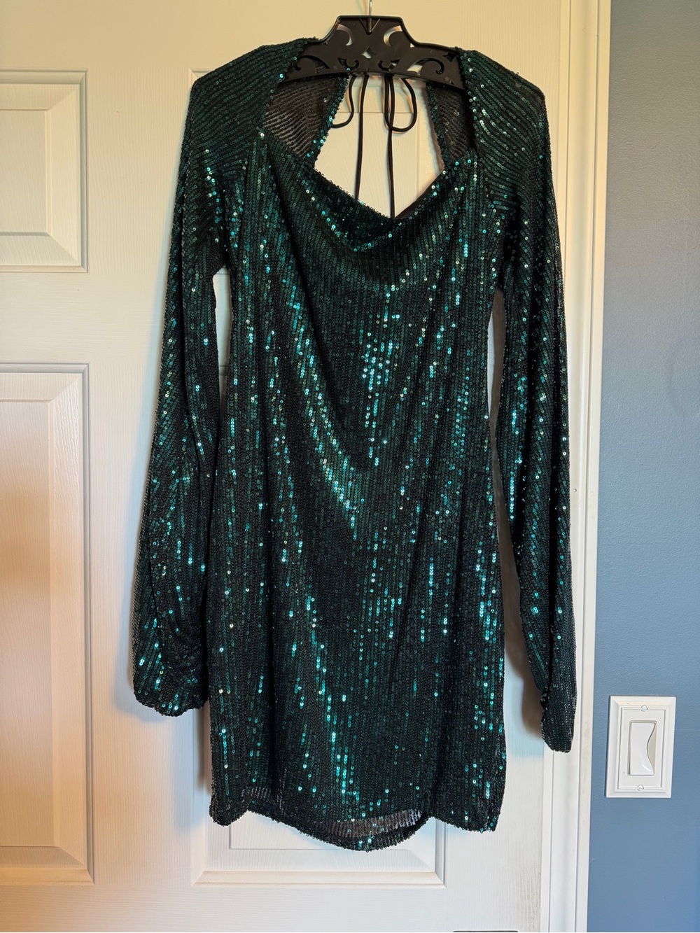 Sequin Long Sleeve Green Cowl Neck Dress